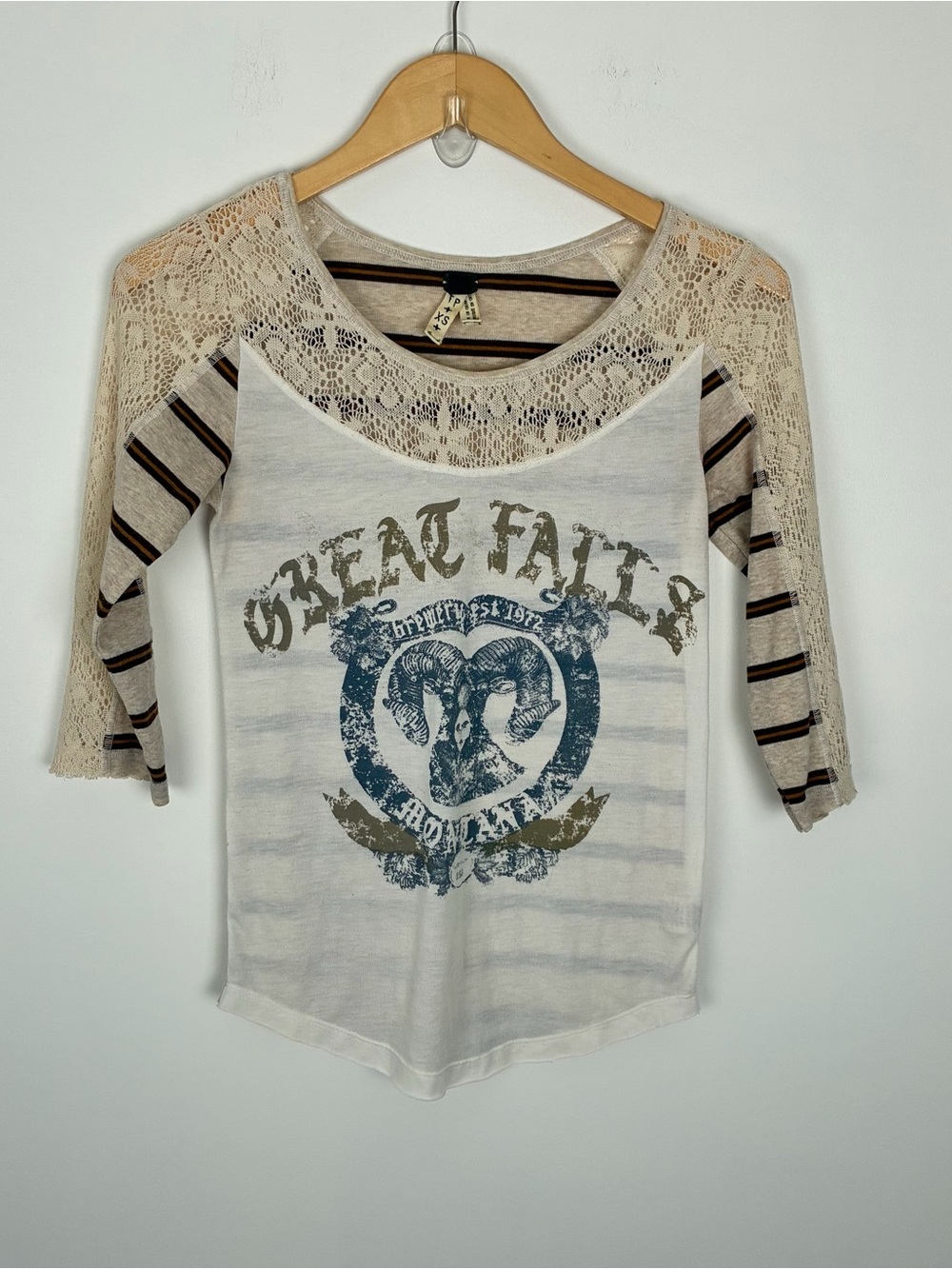 We The Free Great Falls Montana Ram Graphic Lace Trim Bohemian 3/4 Sleeve Top XS